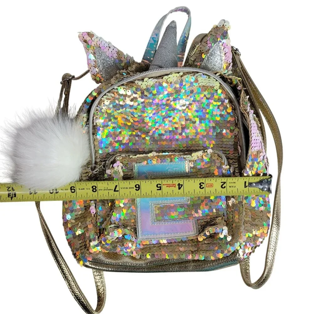 Justice Monogram E Sequin Mini Backpack Gold Unicorn Zipper Pockets Furry Adj